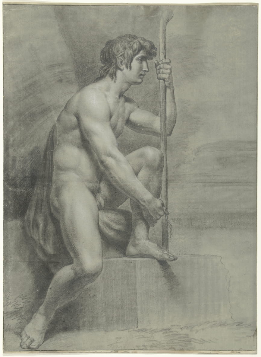 Seated Male Nude With Staff And Raised Left Leg