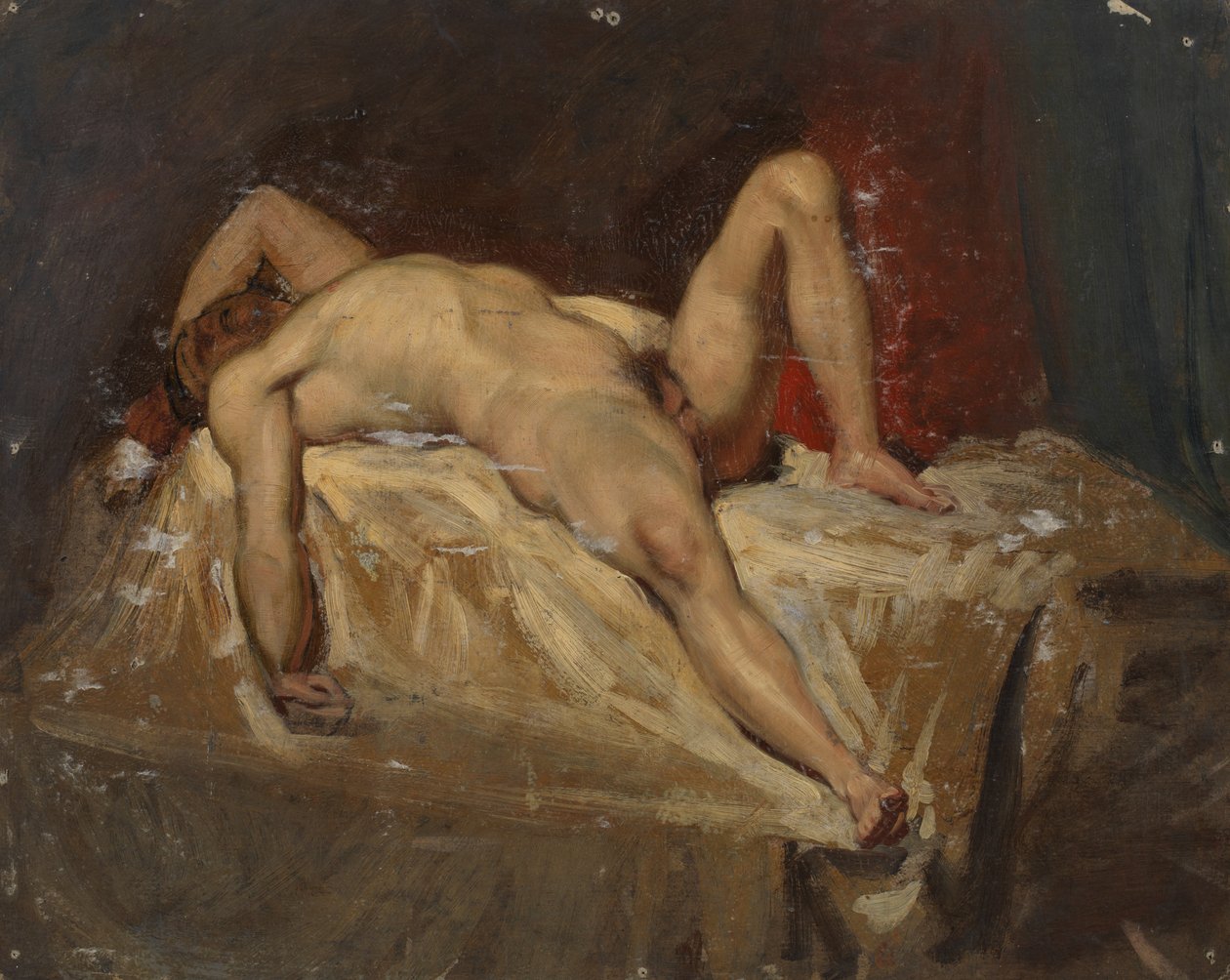 Male Nude Lying Down Raised Left Knee By William Etty