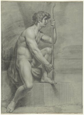 Seated Male Nude With Staff And Raised Left Leg