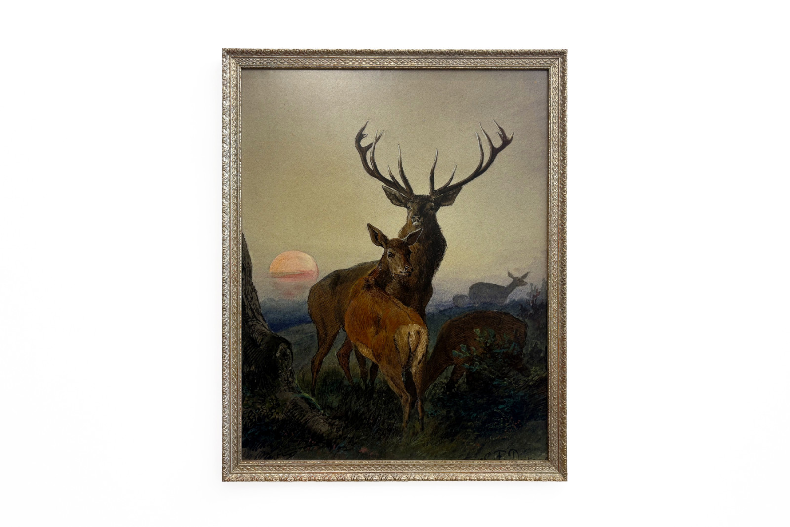 A Stag with a Deer in a Wooded Landscape at Sunset - Carl Friedrich Deiker