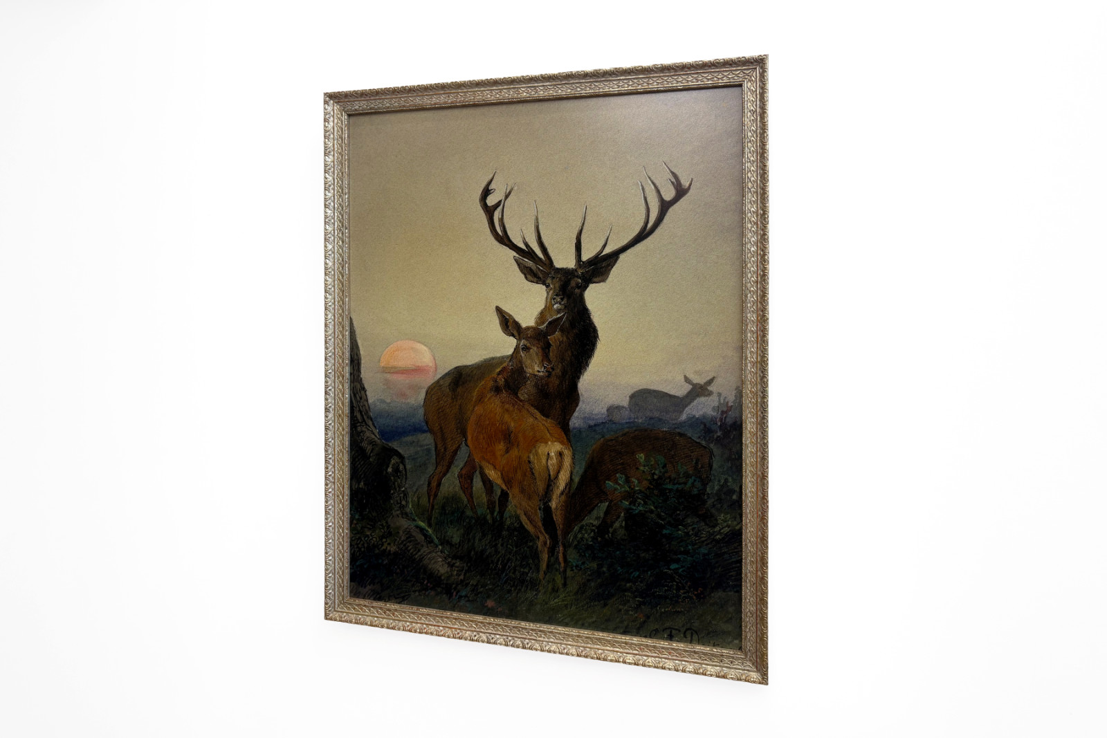 A Stag with a Deer in a Wooded Landscape at Sunset - Carl Friedrich Deiker