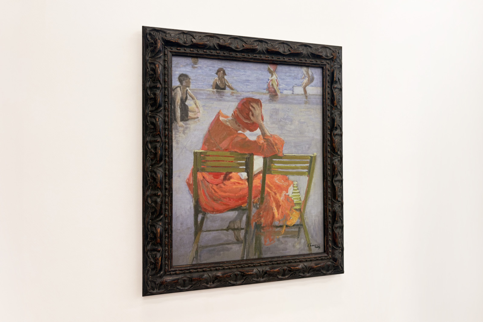 Girl in a red dress reading by a swimming pool - John Lavery