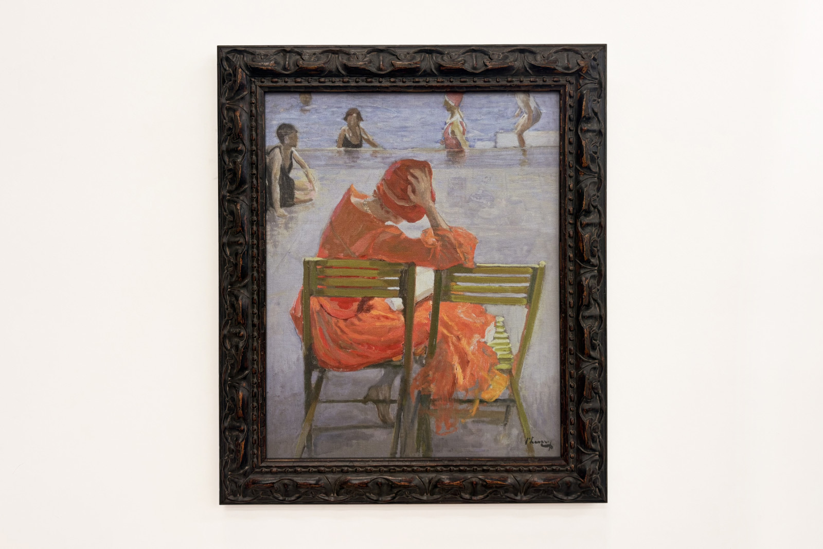 Girl in a red dress reading by a swimming pool - John Lavery