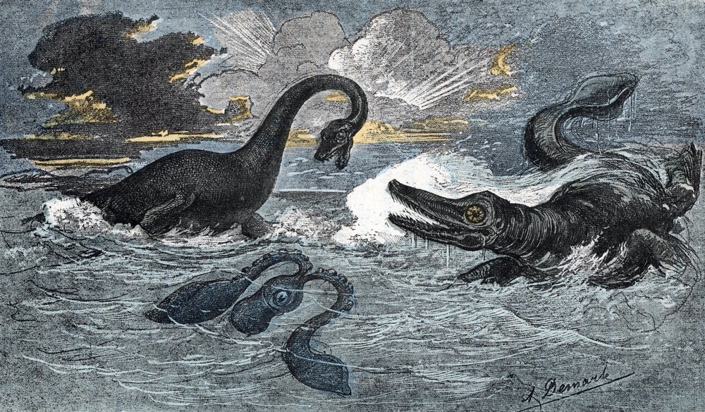 Plesiosaur and an ichthyosaur from the Lower Jurassic period by A. Demarle
