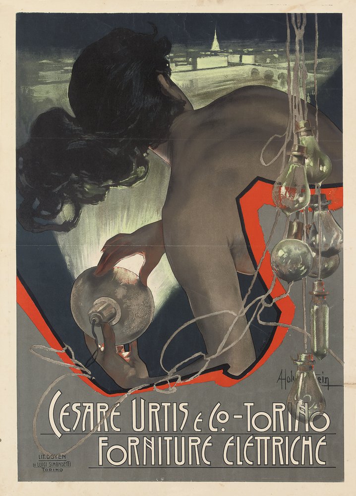 Advertising poster produced for the Italian lighting supply firm Cesare Urtis & Co. of Turin, 1889 by Adolfo Hohenstein