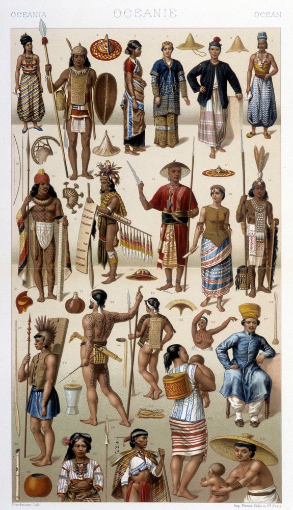 People of Malaysia and Polynesia Illustration in 'Le costume  historique' by Racinet