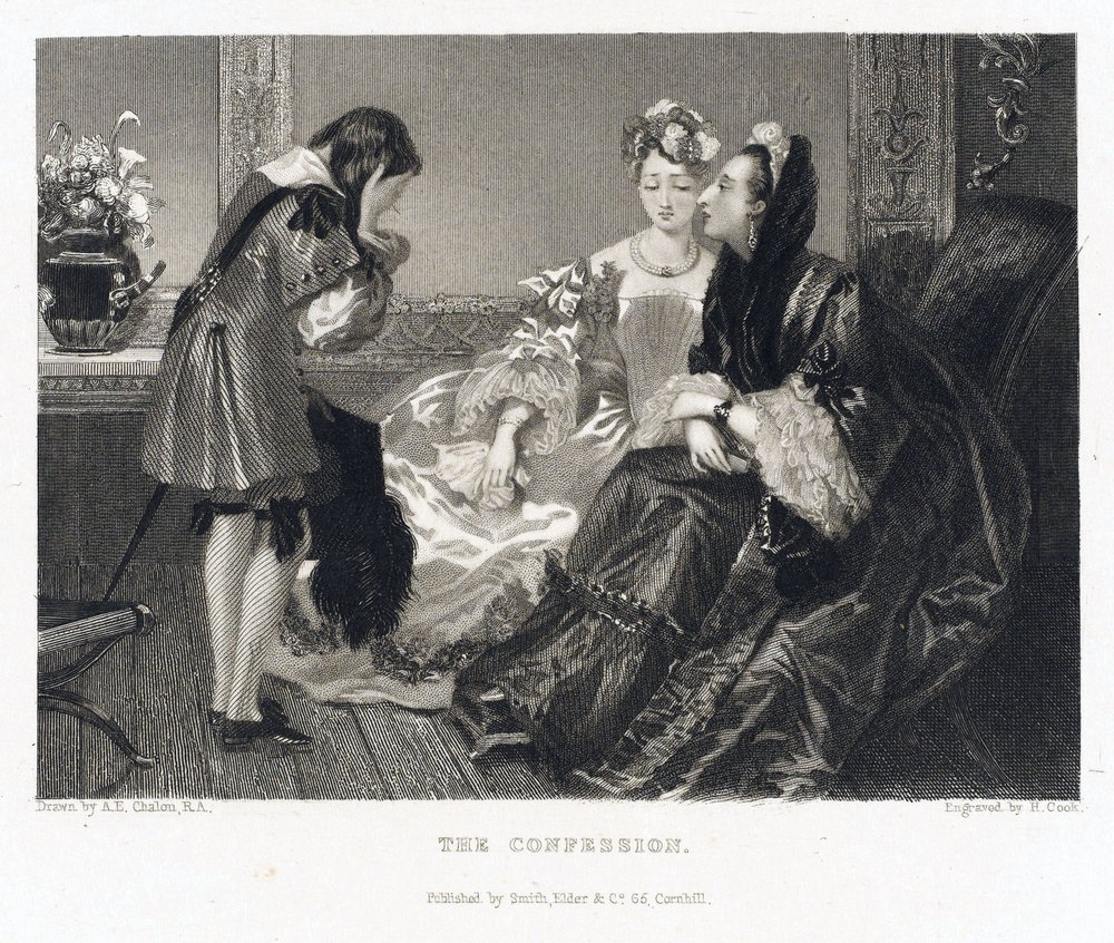 The confession, relating to a story with the same title: a woman wearing a large black dress leans forward to hear the confession of a young boy, who covers his face with her hands by Alfred-Edward (after) Chalon