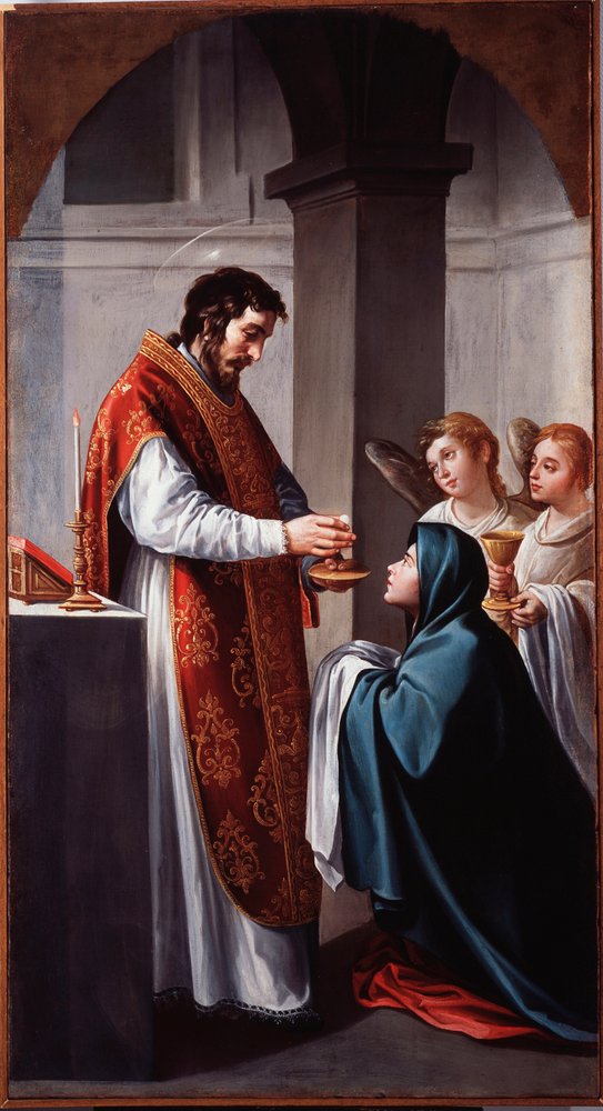 The Virgin Receives Communion from St John the Baptist. Painting by Alonso Cano (1601-1667), 17th century, Genoa, Musei di Strada Nuova (formerly Palazzo Bianco) by Alonso Cano