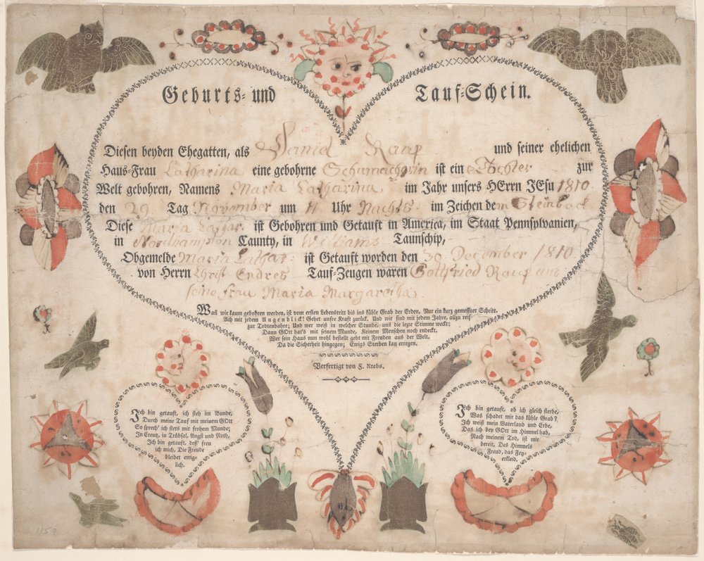 Birth and Baptismal Certificate for Maria Catharina Raup c.1806 by American School