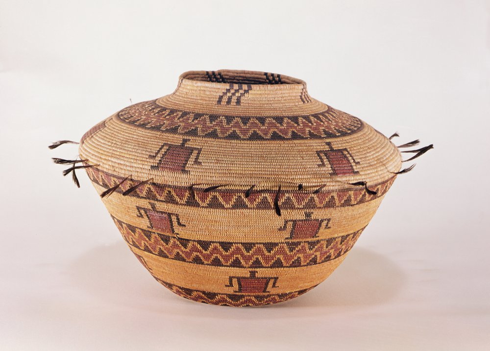 Pomo feather trimmed storage basket, from California by American School