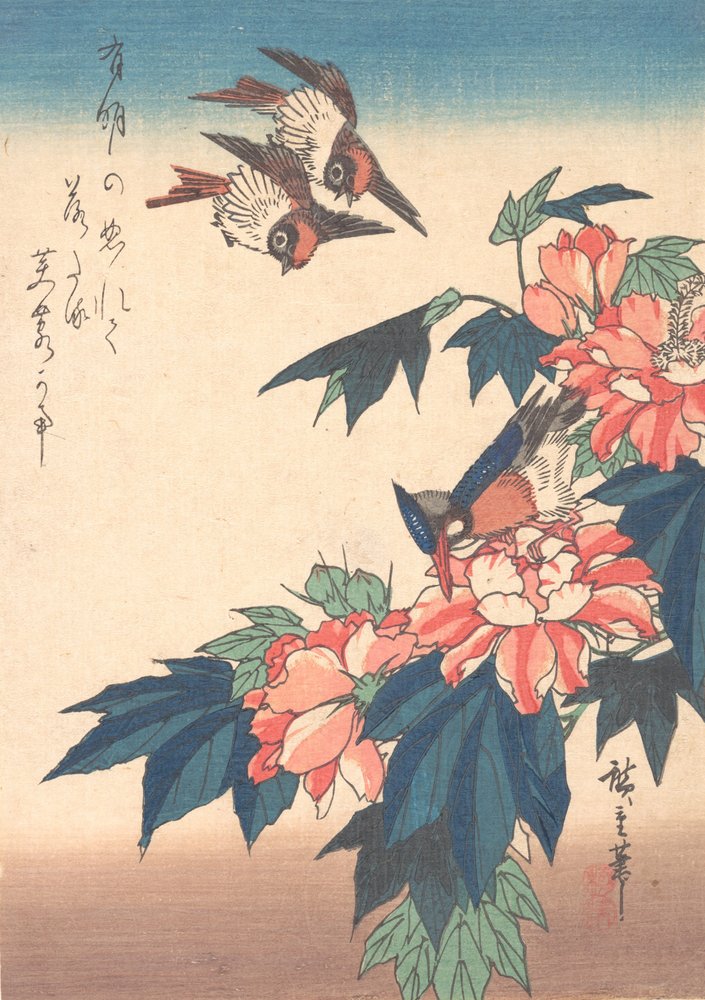 Swallows and Kingfisher with Rose Mallows by Ando Hiroshige