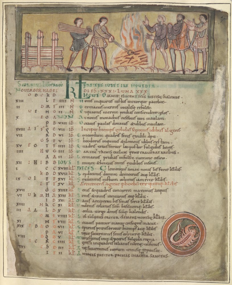 Warming and Smithying, November from a Calendar, Winchester (?) Second Quarter of 11th Century by Anglo-Saxon