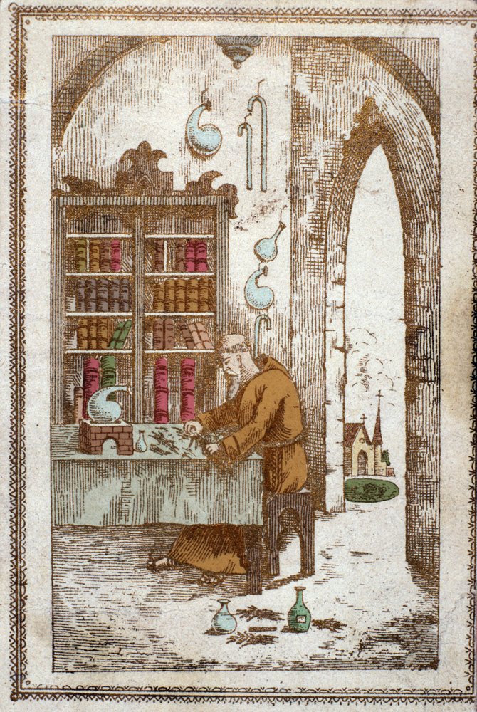 Monk Preparing Plants for Distillation. 19th Century Engraving