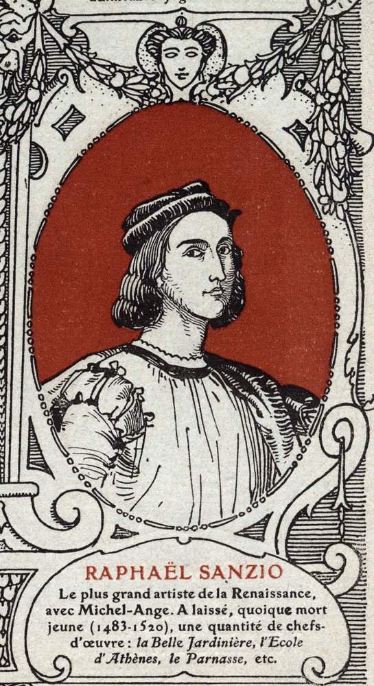Portrait of the Italian Renaissance painter Raphael. Engraving from 1914.