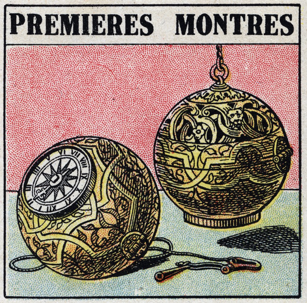 Time: first watches of the 15th century. Anonymous illustration of 1925. Private collection. by Anonymous Anonymous