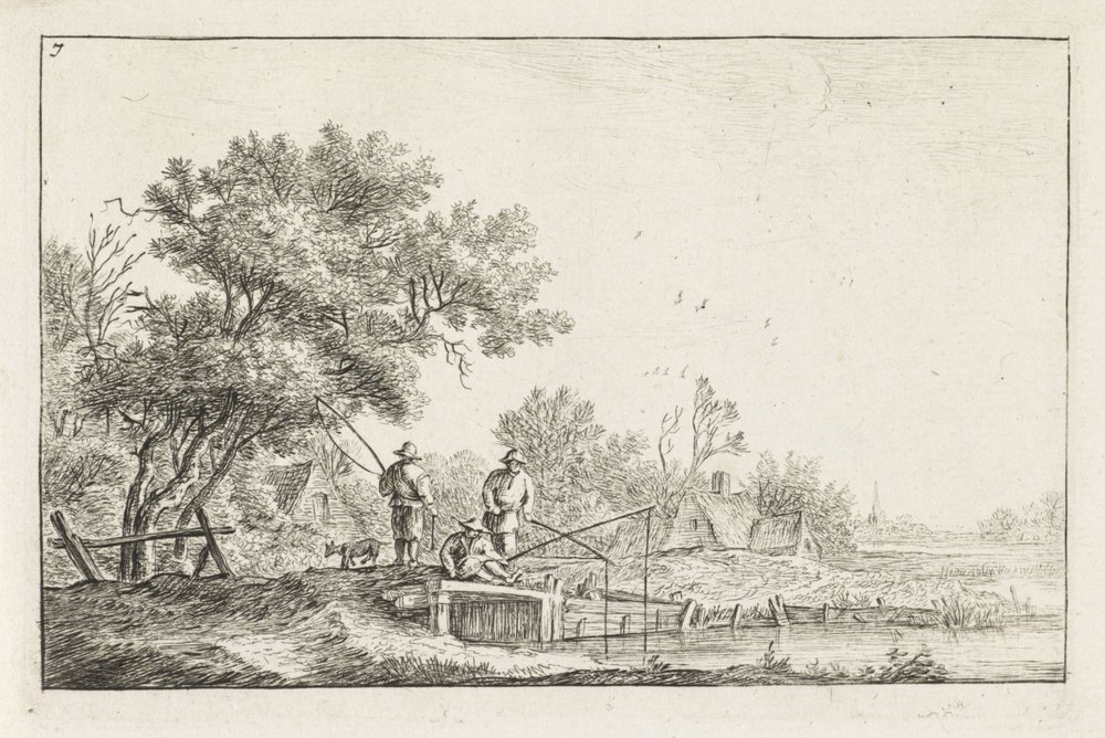 Three Fishermen on a Bridge by Anthonie Waterloo