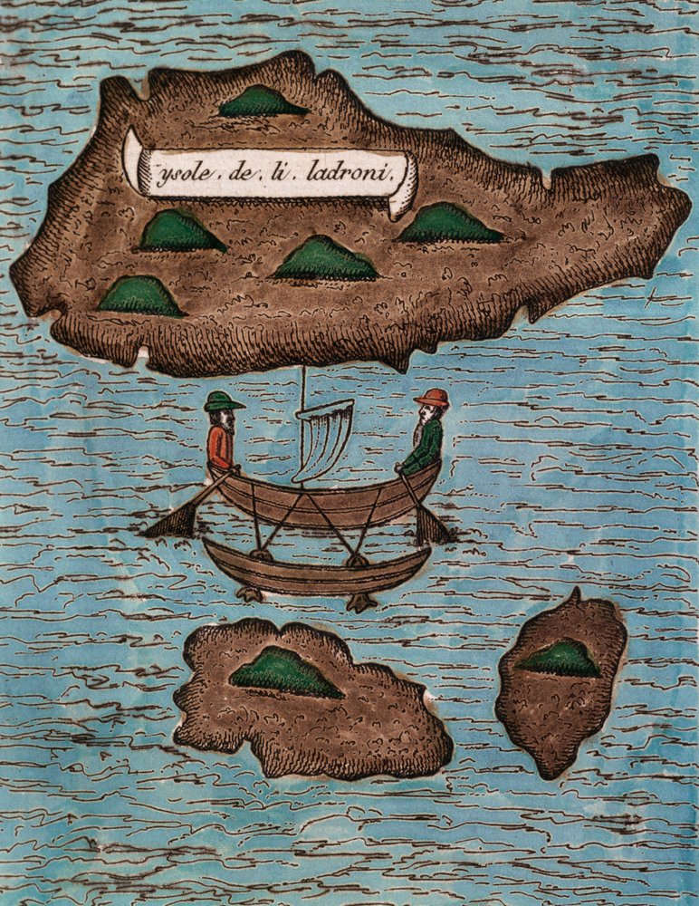 Islas de los Ladrones (today Mariana Islands), colored woodcut from Relazione del primo viaggio intorno al mondo con Ferdinando Magellano by Antonio Pigafetta