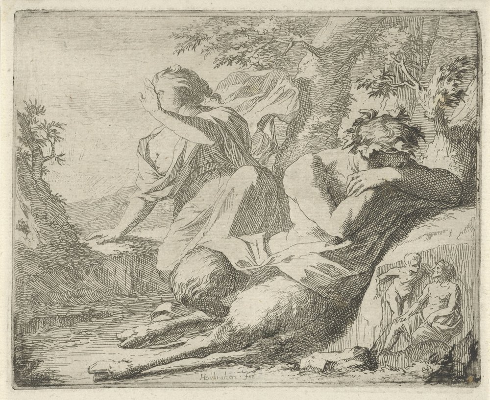 Satyr and Female Figure Covering Their Eyes Against Sunlight (series title: Scene of Emblems Opened for the Service of Painters, Sculptors, etc.) by Arnold Houbraken