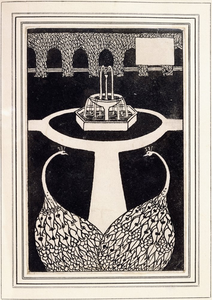 Chapter heading depicting two peacocks in a garden with a fountain, c. 1893/4 by Aubrey Beardsley