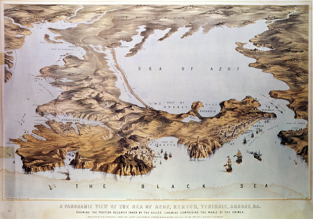 Panoramic view of the Sea of Azov showing the Allied position, from government charts and plans and from sketches made by a military engineer, published by Stannard and Dixon, 1855 by Augustus Butler