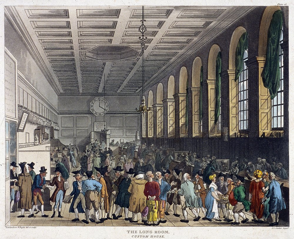 Interior of Custom House, London by Augustus Charles Pugin, Thomas Rowlandson