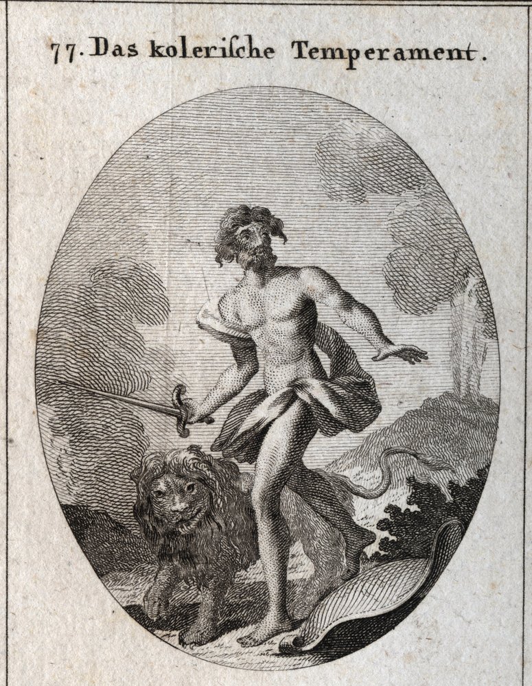 Allegory of choleric complexion. He holds a sword to attack and just ...