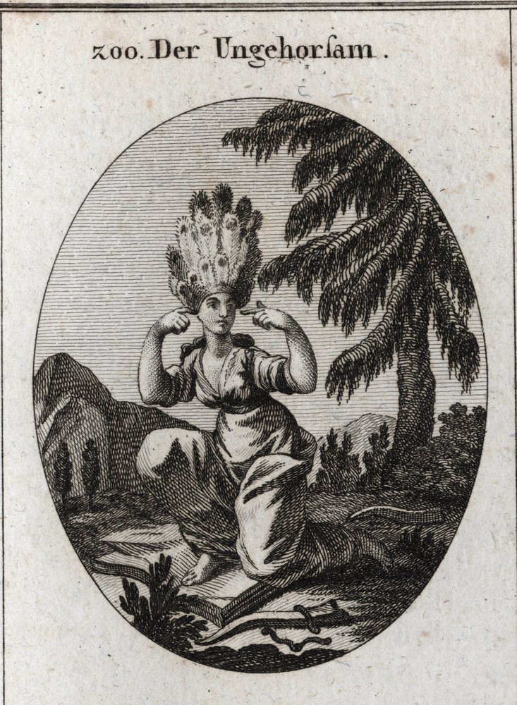 Allegory of disobedience. The book of shame marks her contempt for the laws and precepts over which she rules by trampling the brake and the yoke underfoot. She closes her ears so as not to hear reprimands. Her hair is made of peacock feathers. Engraving. by Austrian School