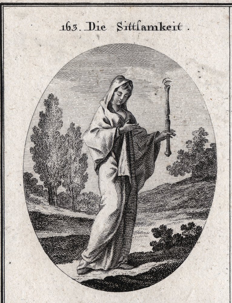 Allegory of modesty. She holds a sceptre above which is an eye that ...
