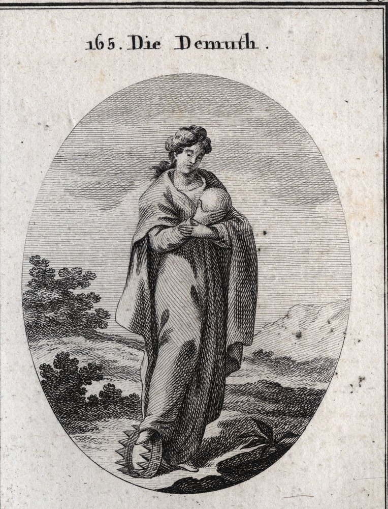 Allegory of humility. Under his foot, a crown of gold enriched with ...