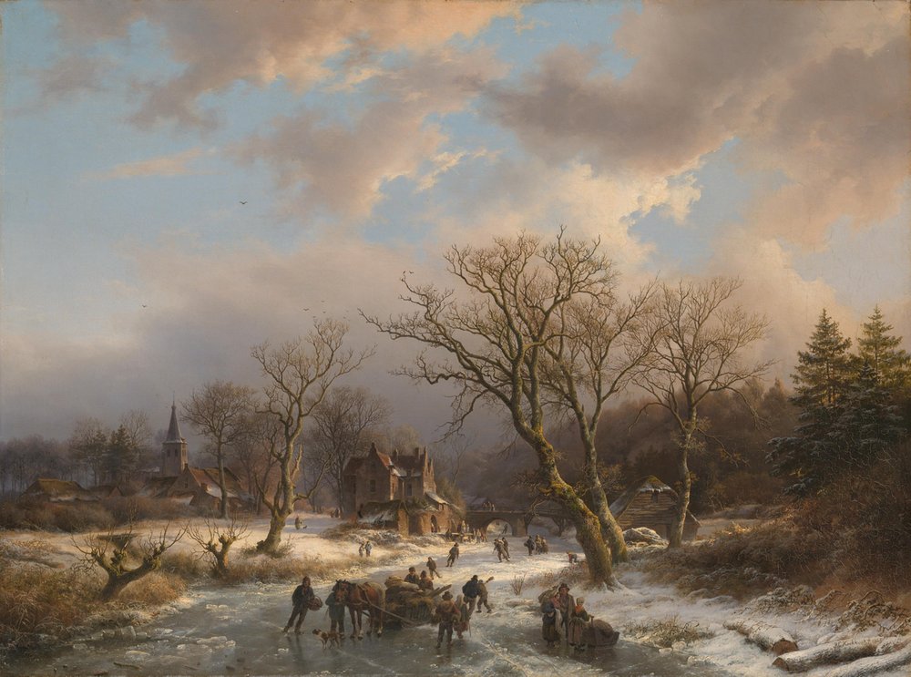 A Village and an Old Building in a Wooded Landscape by a Frozen Body of Water by Barend Cornelis Koekkoek