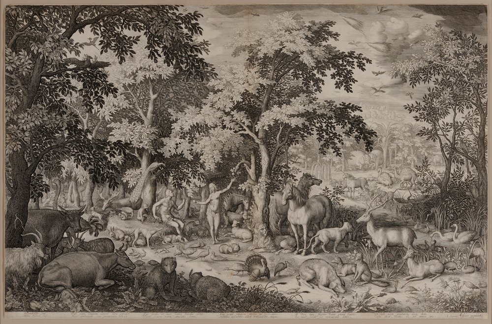 Adam and Eve in the Garden of Eden Surrounded by Trees and Wildlife