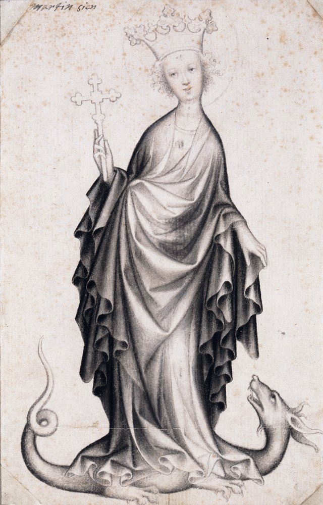 Saint Margaret of Antioch (she holds a crucifix and tramples a dragon)