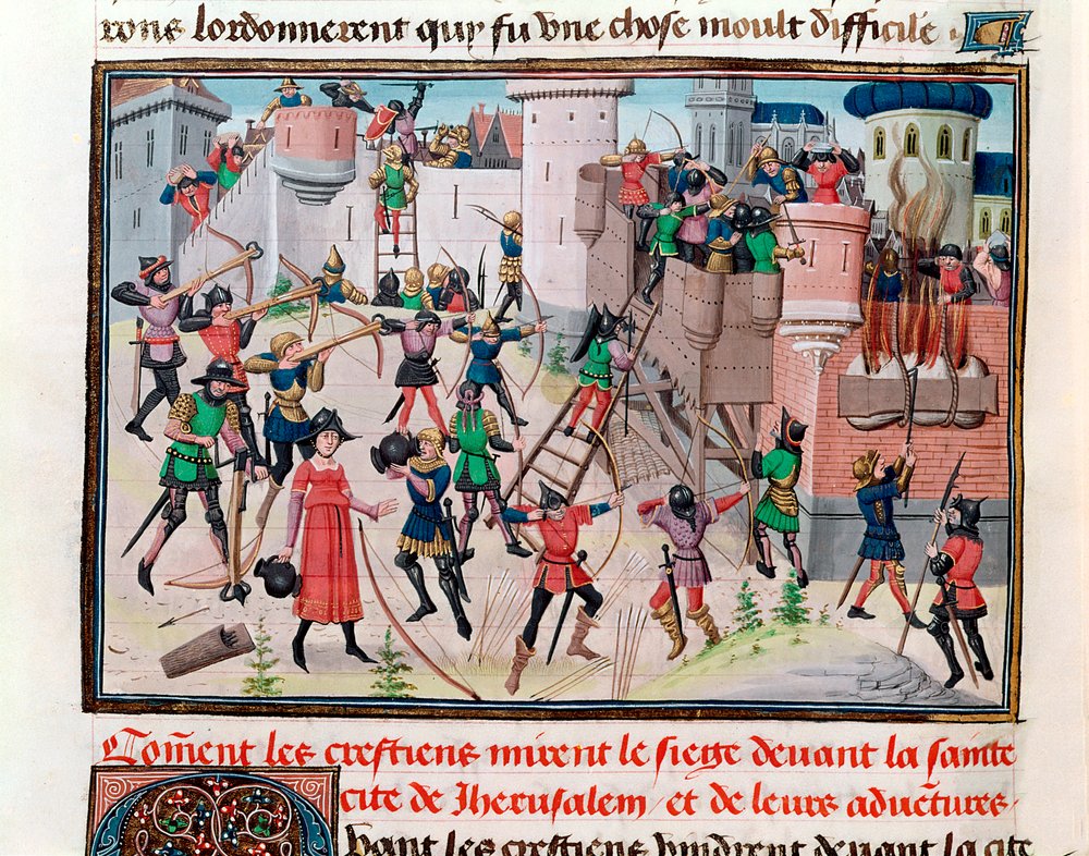 The Siege of Jerusalem by the Christians during one of the Crusades, from Chroniques des empereurs by David Aubert, 1462 by Brabant School