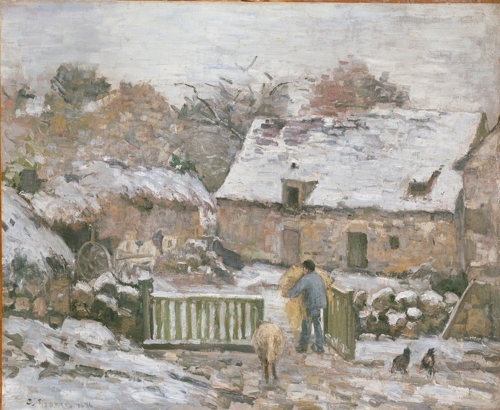 Farm at Montfoucault: Snow Effect by Camille Pissarro