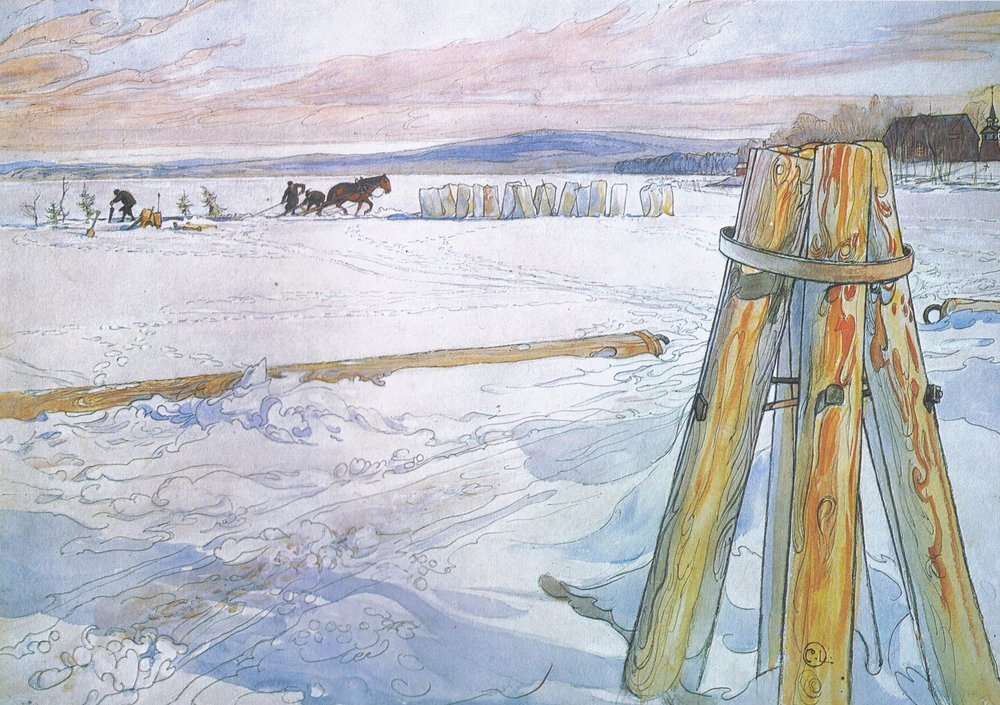 Johan fetched Brunte (horse) to collect blocks of ice by Carl Larsson