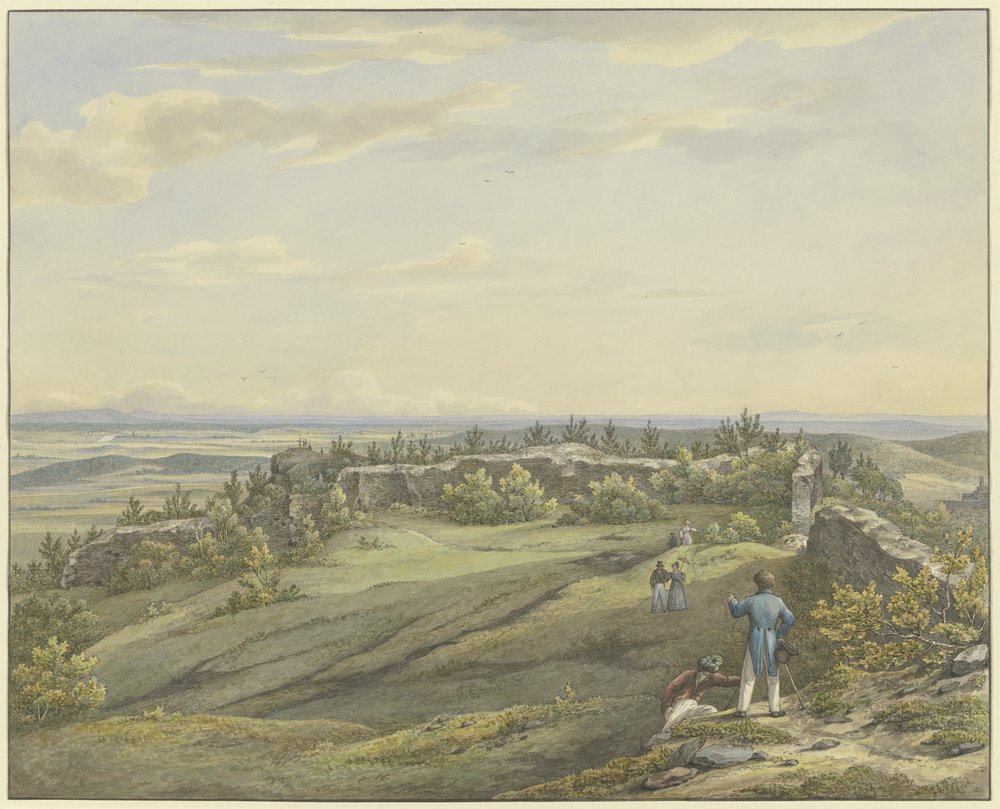 Castle courtyard of Falkenstein ruins with a view of the Main plain, the Odenwald and the Rhine hills by Carl Morgenstern
