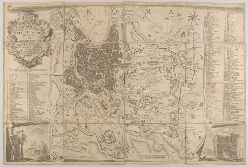 Plan of ancient Rome with a view of the Pantheon lower left and a ...