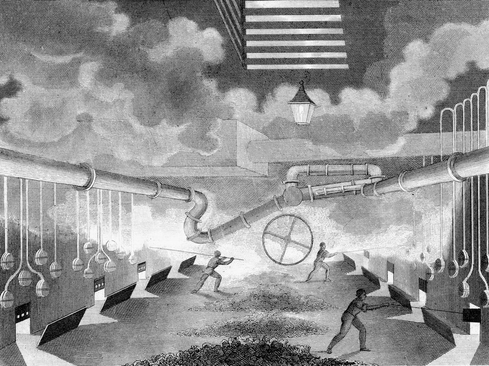 General View of a Gas Works, Showing Retorts Being Charged, 1835