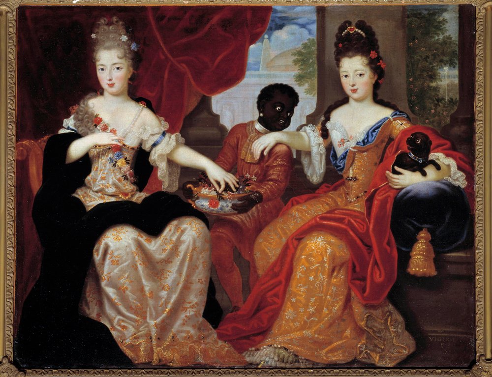 Portraits of Mademoiselle de Blois and Mademoiselle de Nantes served by their Black servant. Mademoiselle de Blois (1677-1749), future wife of Louis de Bourbon, Mademoiselle de Nantes (1673-1743), future Duchess of Orléans. Painting by Claude François by Claude Francois Vignon