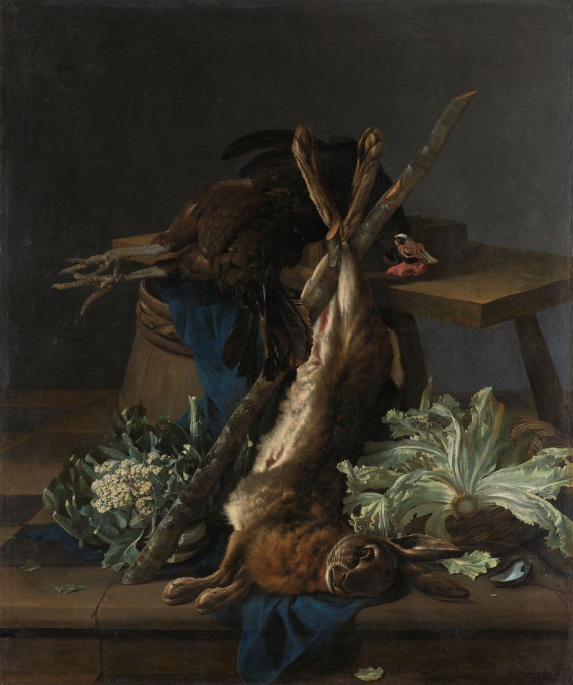 Still Life with Hare and a Black Rooster by Cornelis van Lelienbergh