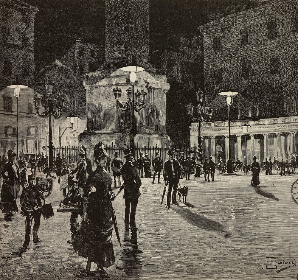Piazza Colonna illuminated with electric light, Rome, Italy, drawing by ...