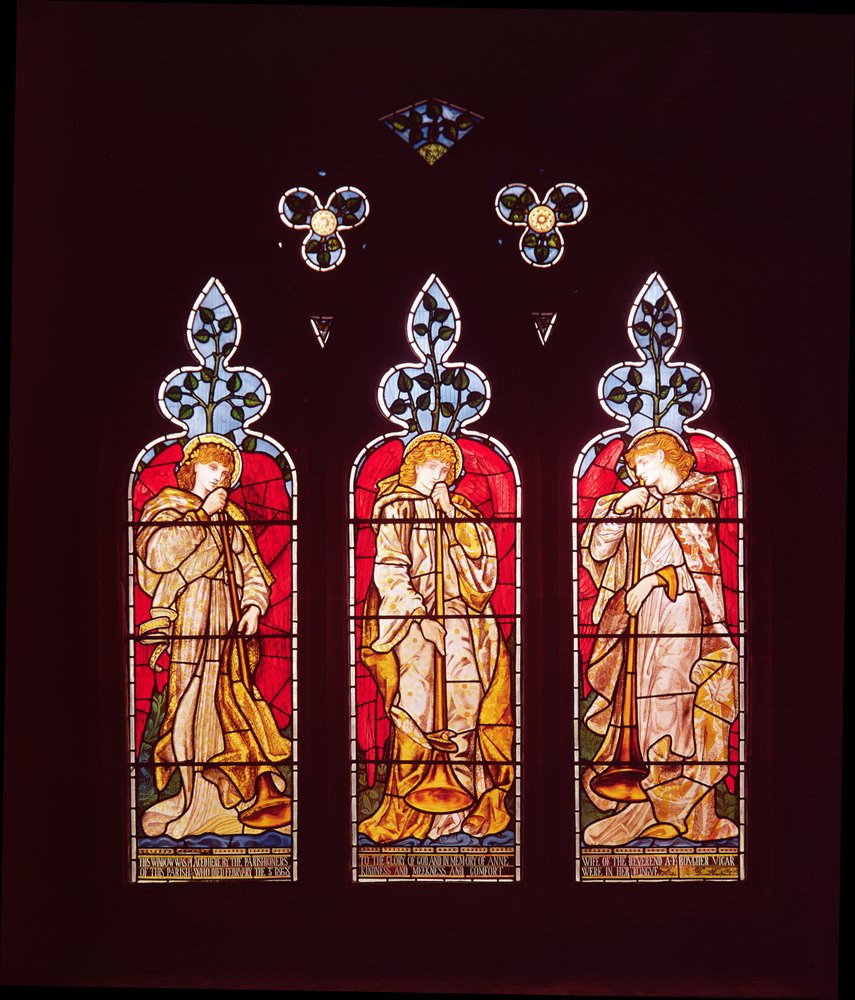 Three Trumpeting Angels, south aisle window, made by Morris, Marshall ...