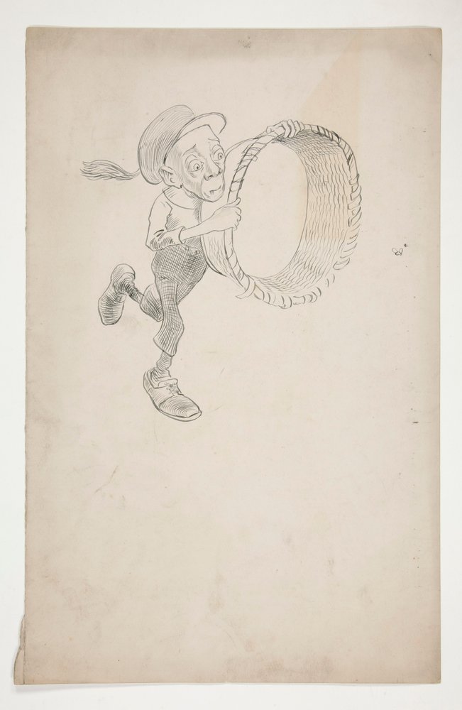 Cartoon of a man chasing a bee with a basket