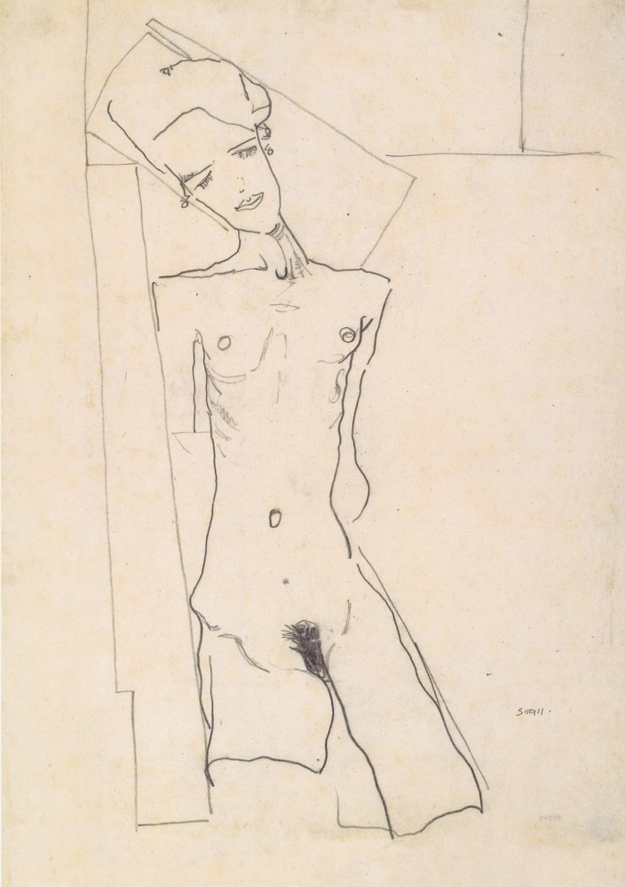 Standing Female Nude before Geometric Forms by Egon Schiele