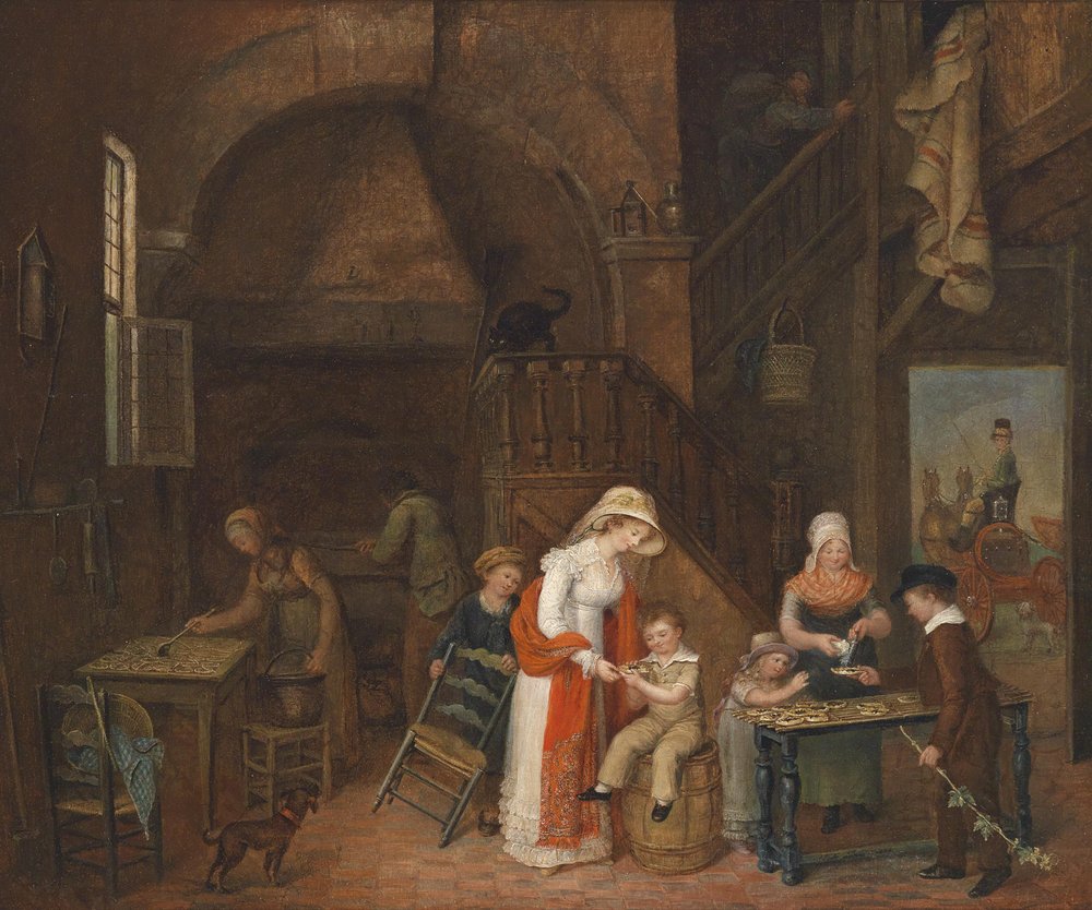 Visit to the Cake Baker, (on the table) indistinctly signed, dated M. E. De Latour 1822 by Elisabeth-Marie De Latour