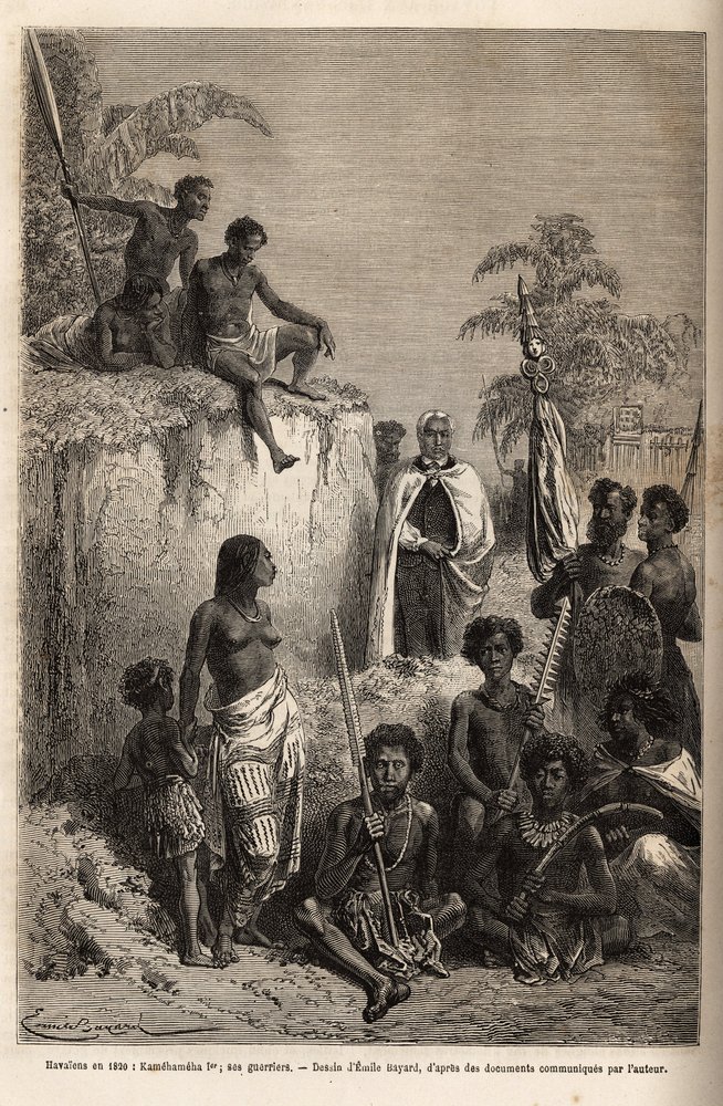 Kamehameha I, king of the Hawaiian Islands and founder of their unity, surrounded by Hawaiian warriors and some subjects in Honolulu, engraving after the drawing of Emile Bayard, illustrating the voyage to the Sandwich Islands, in 1855-69, by C by Emile Antoine Bayard