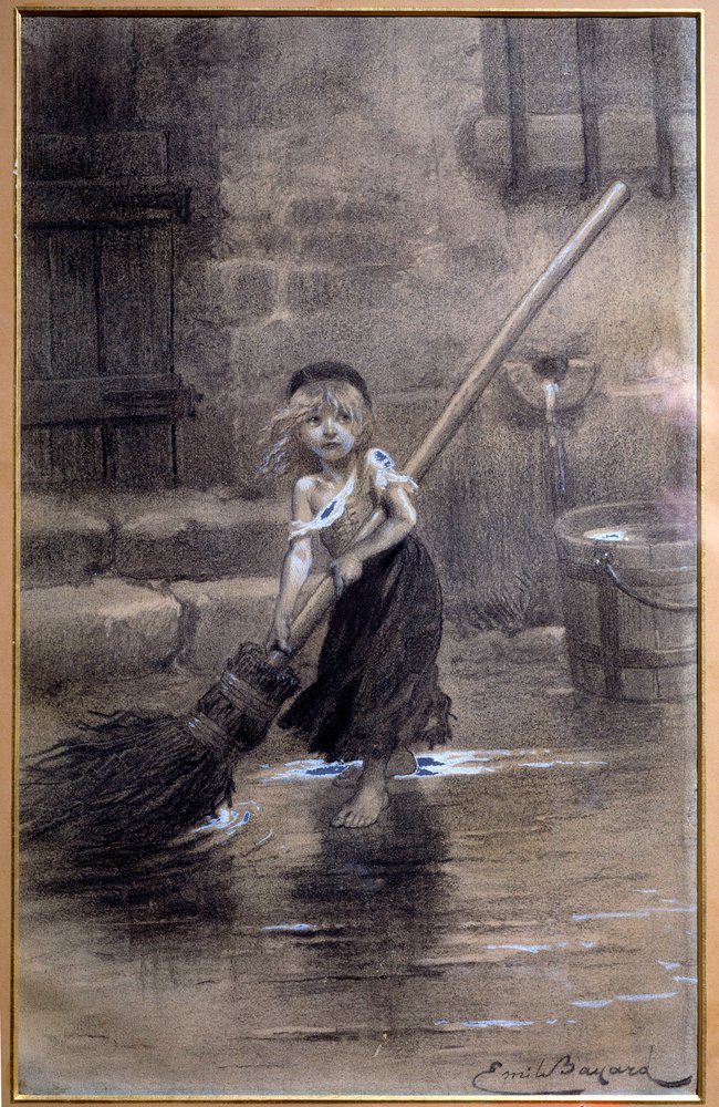 Representation of Cosette, sweeping barefoot. Illustration for Les Misérables by Victor Hugo (1802-1885) by Émile Bayard (1837-1891), 19th century. Paris, Maison Victor Hugo by Emile Antoine Bayard
