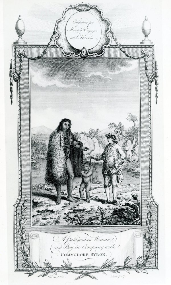 A Patagonian Woman and Boy in Company with Commodore Byron, illustration taken from Moores Voyages and Travels, 1778 by English School