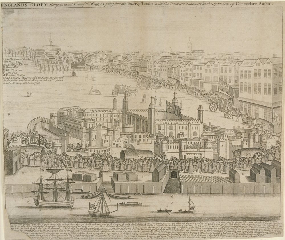 Wagons of treasure being taken into Tower of London, 1744 by English School
