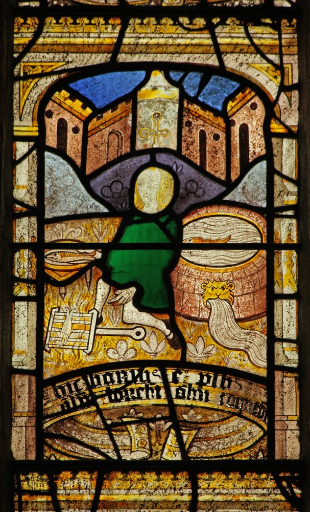 Window 5 depicting St Neots servant brings him 2 fish from the well